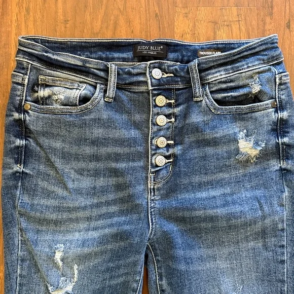 Judy Blue Distressed Denim, Button Fly, High Stretch, Flare Jeans, 32” Inseam - Picture 2 of 6